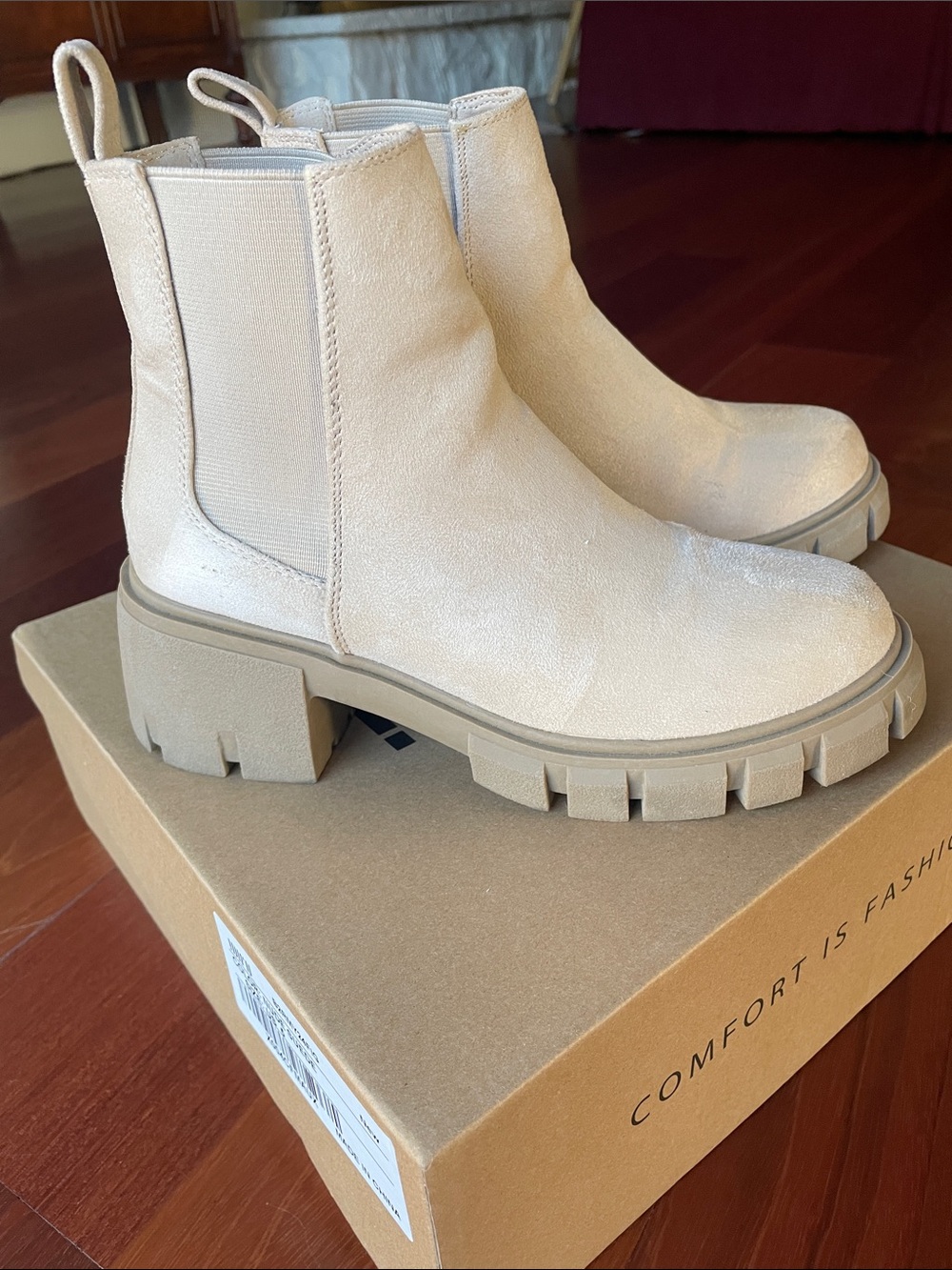 IDIFU Chelsea Boot with Lug Sole in Nude Suede, Size 5